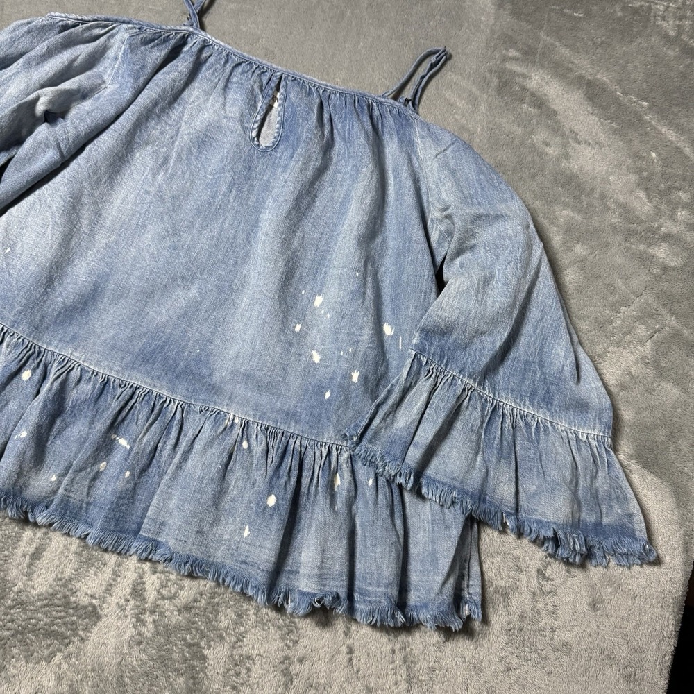 Blank NYC Bleach Peplum Cold Shoulder Top Womens Size L Boho Blue Denim